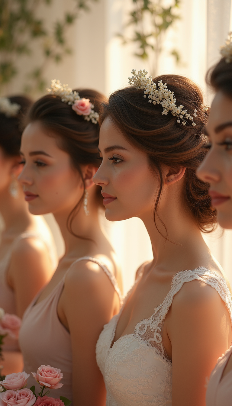 A close-up of a bride and bridesmaids showcasing intricate updo hairstyles with soft curls and floral accessories, set against a romantic bridal backdrop with warm lighting