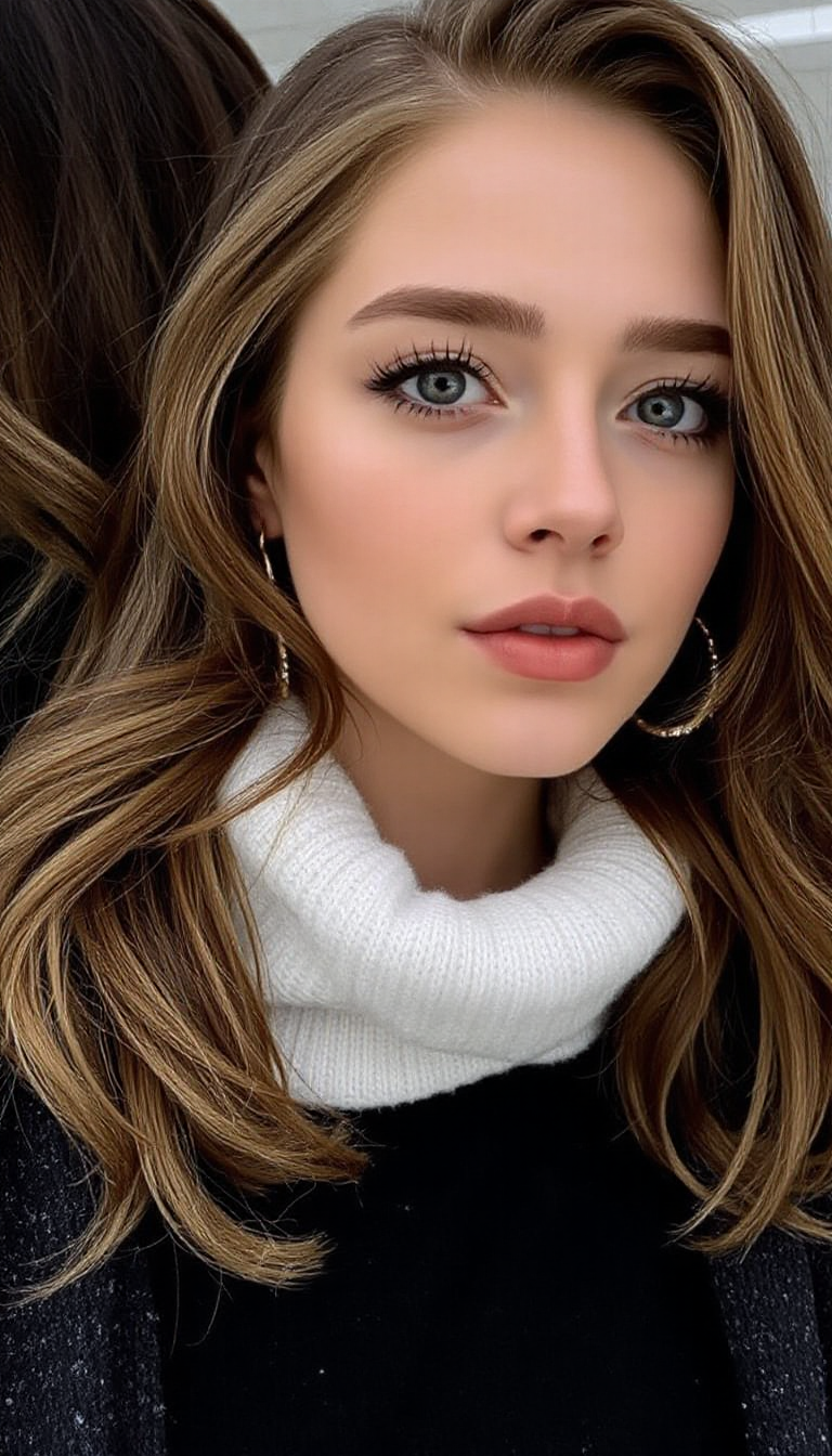 A diverse lineup of brunette women showcasing various stunning winter hair colors, including deep icy browns, caramel highlights, and ash tones, captured in soft winter lighting against a snowy backdrop, emphasizing the vibrant hues and glossy textures.