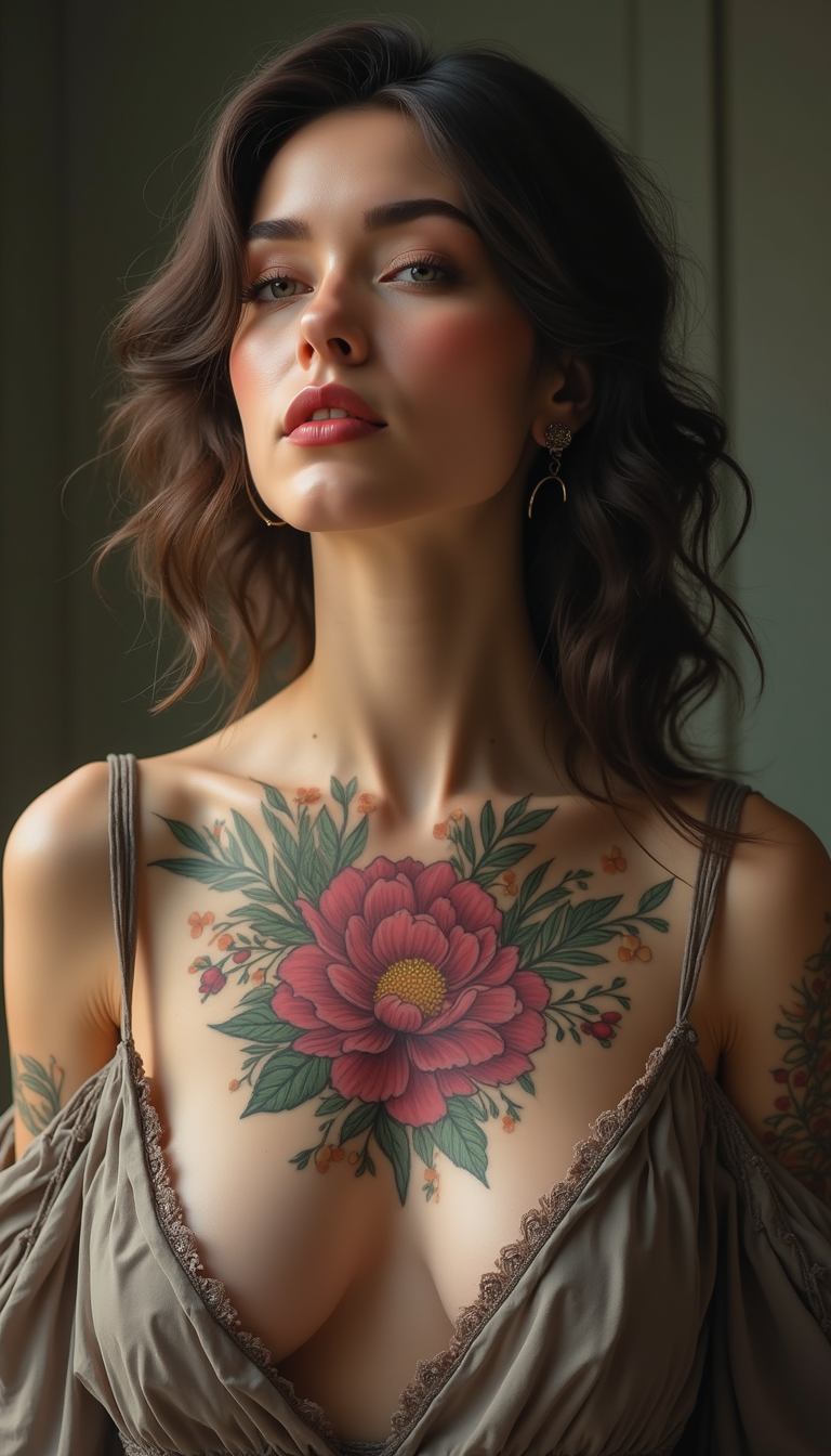 A close-up of a woman's upper chest showcasing an intricate floral tattoo, featuring vibrant colors and detailed linework, set against soft, natural lighting with a blurred background of greenery.