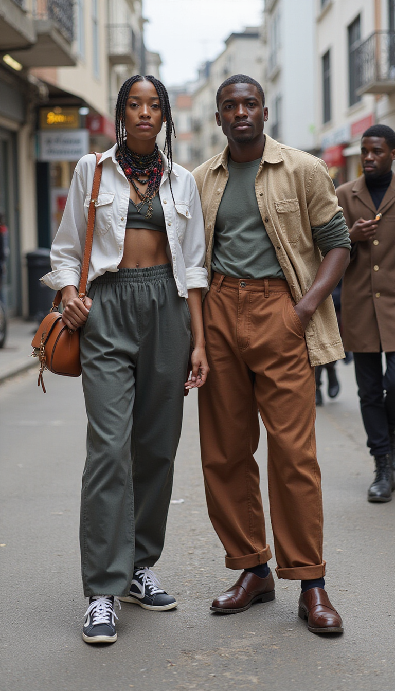 A diverse group of young adults showcasing different stylish outfits featuring dad pants in various shades and fits, set against a modern urban backdrop. The models strike confident poses, highlighting the versatility and comfort of the trend with natural lighting and vibrant colors, emphasizing fashion-forward street style.