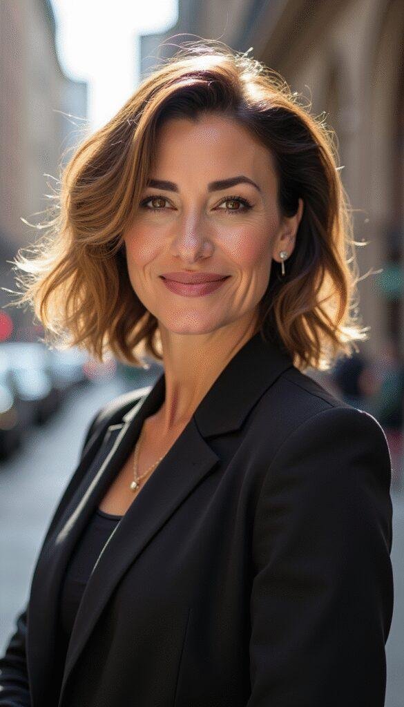 A confident woman over 40 with a chic, modern bob haircut, styled with soft waves and subtle balayage highlights, standing outdoors with a cityscape background, sunlight illuminating her hairstyle and face, showcasing elegance and contemporary style.