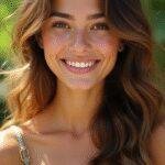 A vibrant close-up of a smiling brunette woman with naturally curly hair showcasing a blend of warm caramel and honey balayage highlights, set against a sunny outdoor background with lush greenery.