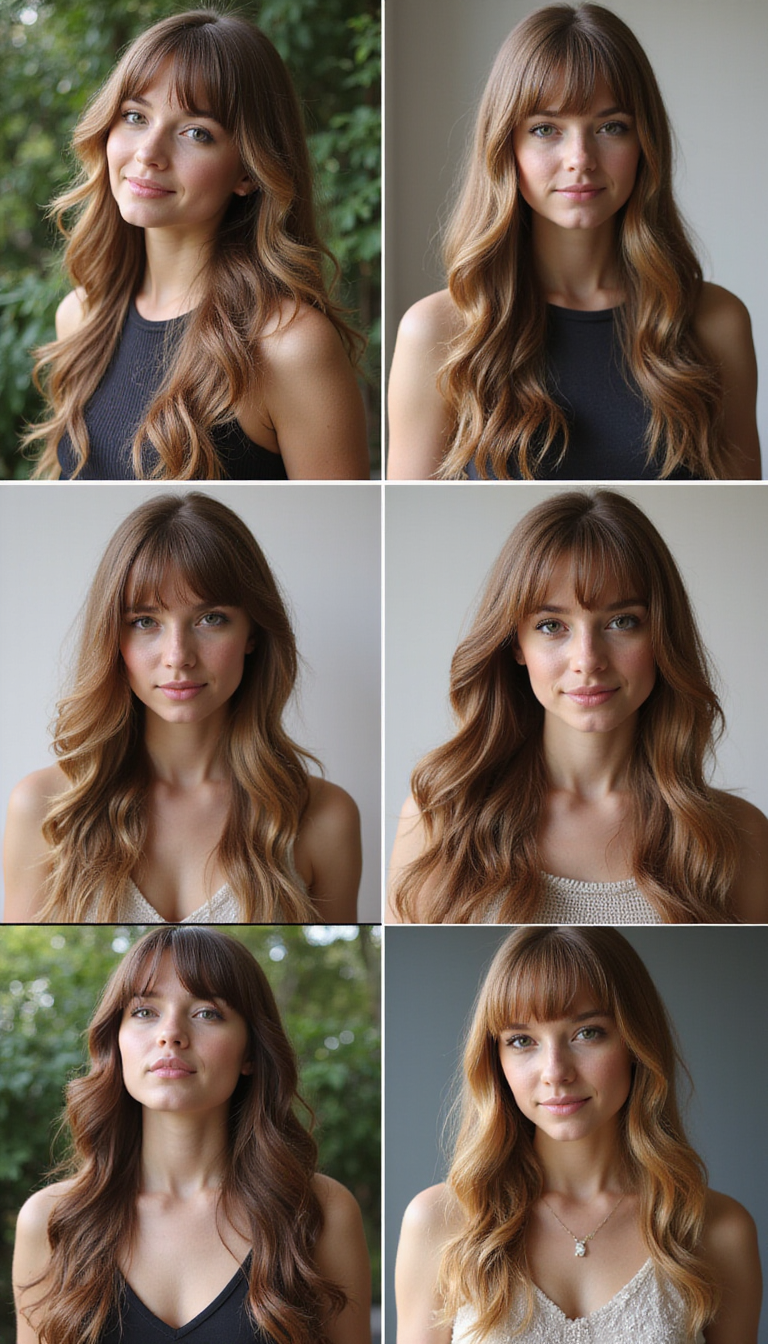 A diverse group of women with long, flowing hair styled in various timeless hairstyles with bangs, showcasing different textures and cuts in a bright, natural setting. The image highlights sleek, layered, and wavy looks, emphasizing the versatility and elegance of long hair with bangs.