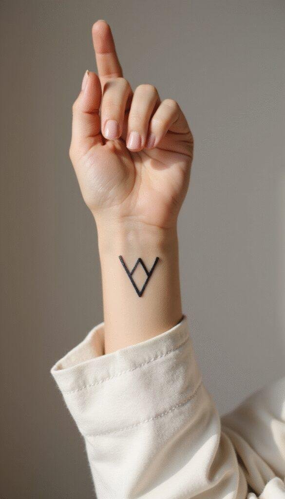 A close-up of a woman's wrist featuring a delicate, simple black line minimalist tattoo consisting of a small geometric shape against a soft, neutral background. The skin is smooth and well-lit, emphasizing the clean lines and understated elegance of the tattoo.