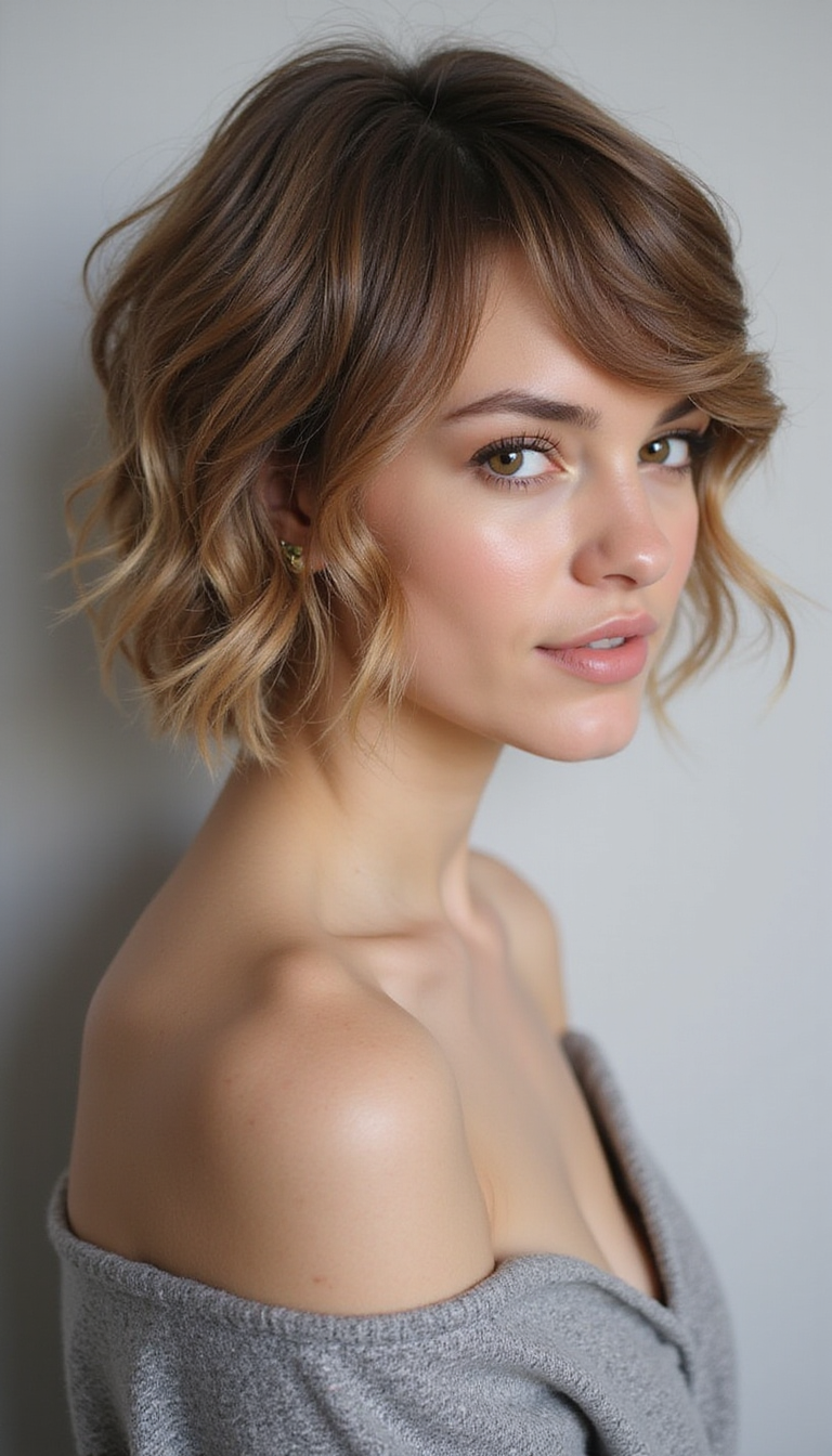 A high-resolution image showcasing a woman with a modern butterfly haircut, featuring layered, textured hair styled in a fluttering, butterfly-inspired shape with soft highlights in blonde and caramel tones. The hair cascades around her shoulders against a neutral background, emphasizing the intricate layers and playful volume that define this trendy style.