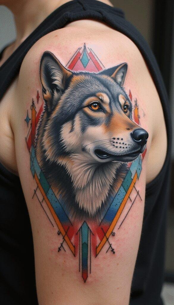 A close-up of a detailed wolf tattoo on a person's shoulder, featuring geometric patterns and vibrant shades of blue and black, showcasing intricate line work and artistic flair.