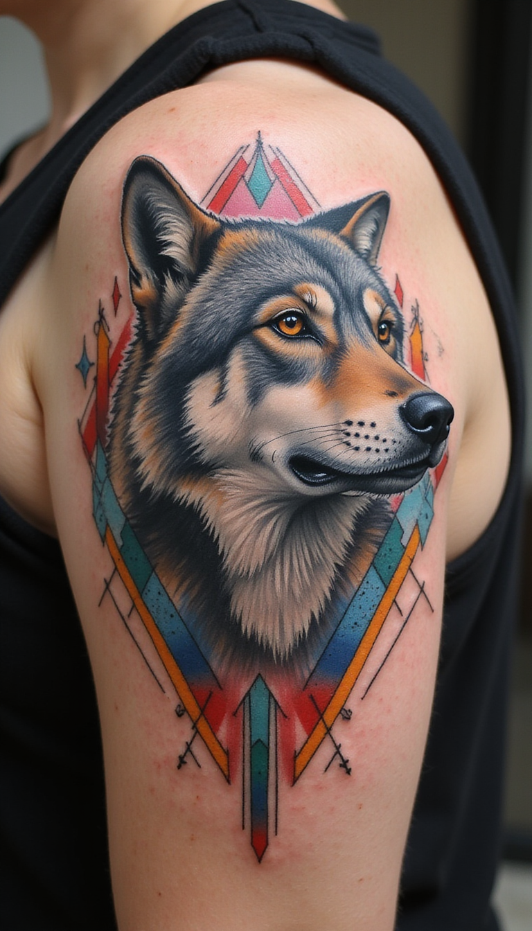 A close-up of a detailed wolf tattoo on a person's shoulder, featuring geometric patterns and vibrant shades of blue and black, showcasing intricate line work and artistic flair.