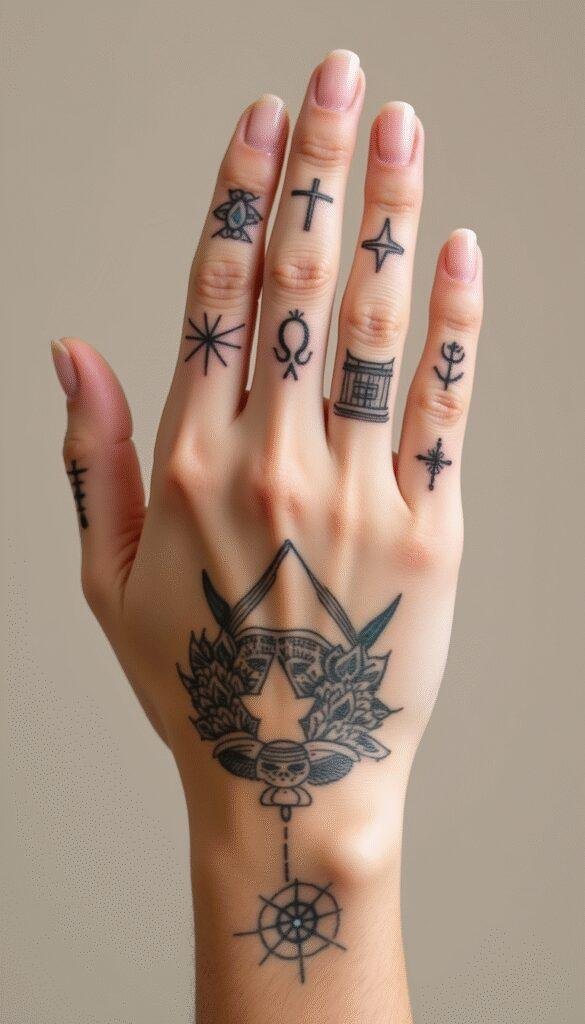 Close-up of a woman's hand showcasing ten different finger tattoo designs, including delicate floral patterns, minimalist symbols, and intricate line art, with a soft focus background highlighting the artistry and detail of each tattoo.