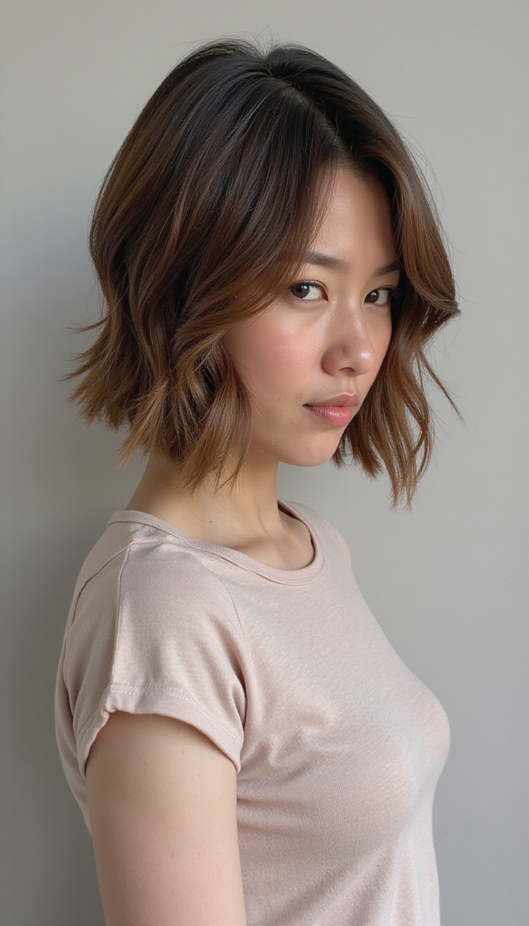 A side view of a model with a sleek, layered stacked bob hairstyle showcasing voluminous layers and smooth texture, set against a neutral background with soft lighting highlighting the shine and depth of the hair.