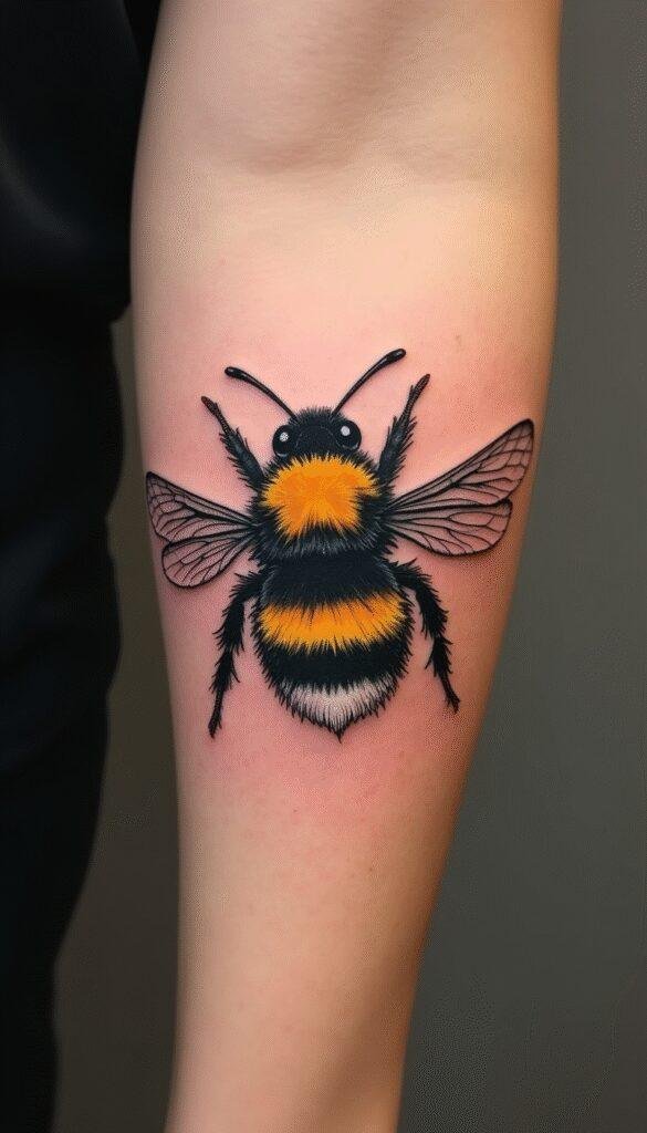 A close-up of a vibrant bumblebee tattoo on a person's forearm, featuring detailed black and yellow shading, realistic wings, and intricate line work, set against a blurred background.