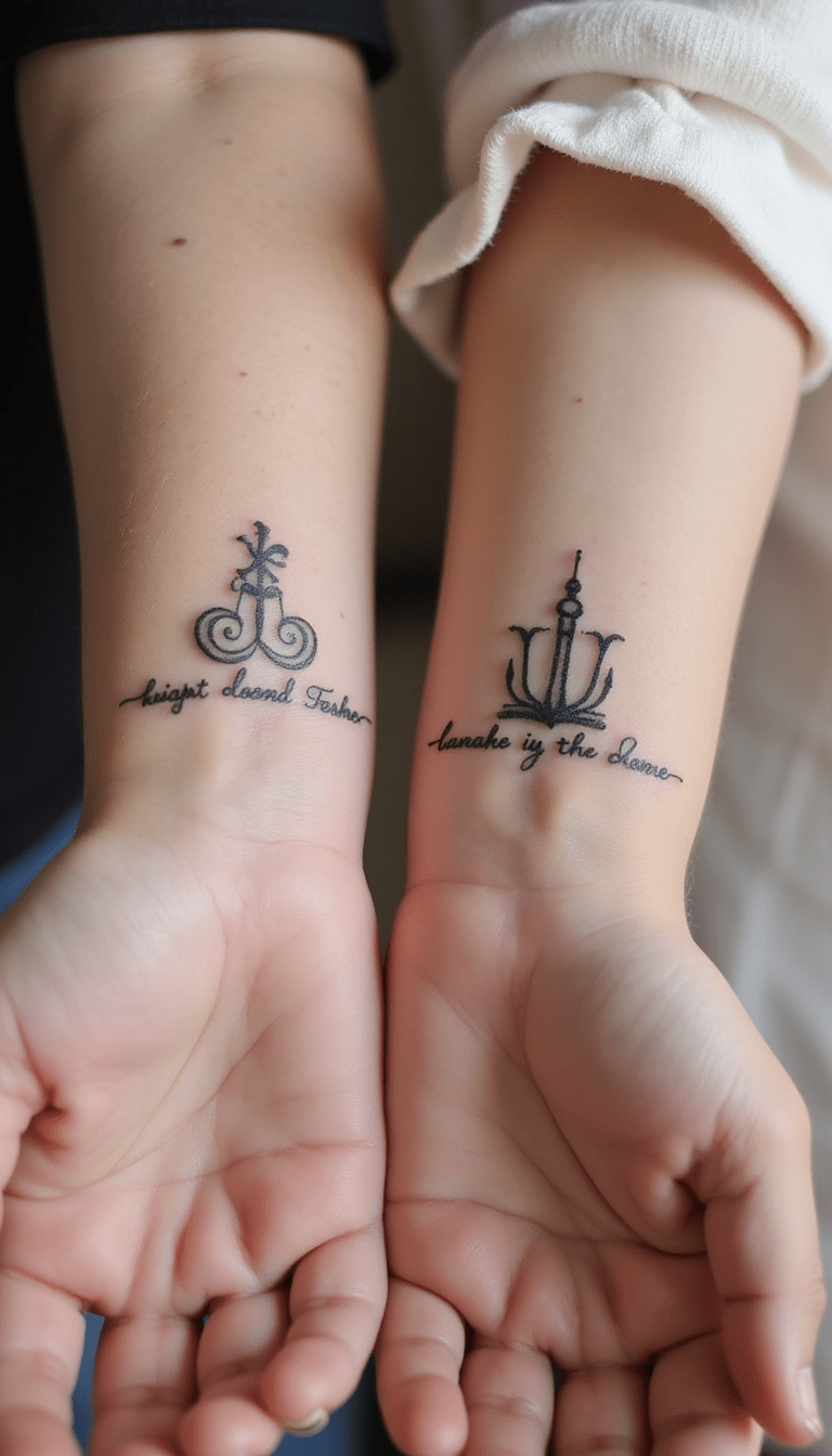 A close-up of two elegantly designed tattoos on the inner wrists of siblings, featuring intertwined symbols and meaningful words in black ink, set against a soft, blurred background. The tattoos symbolize bond and unity, highlighting detailed line work and delicate shading.