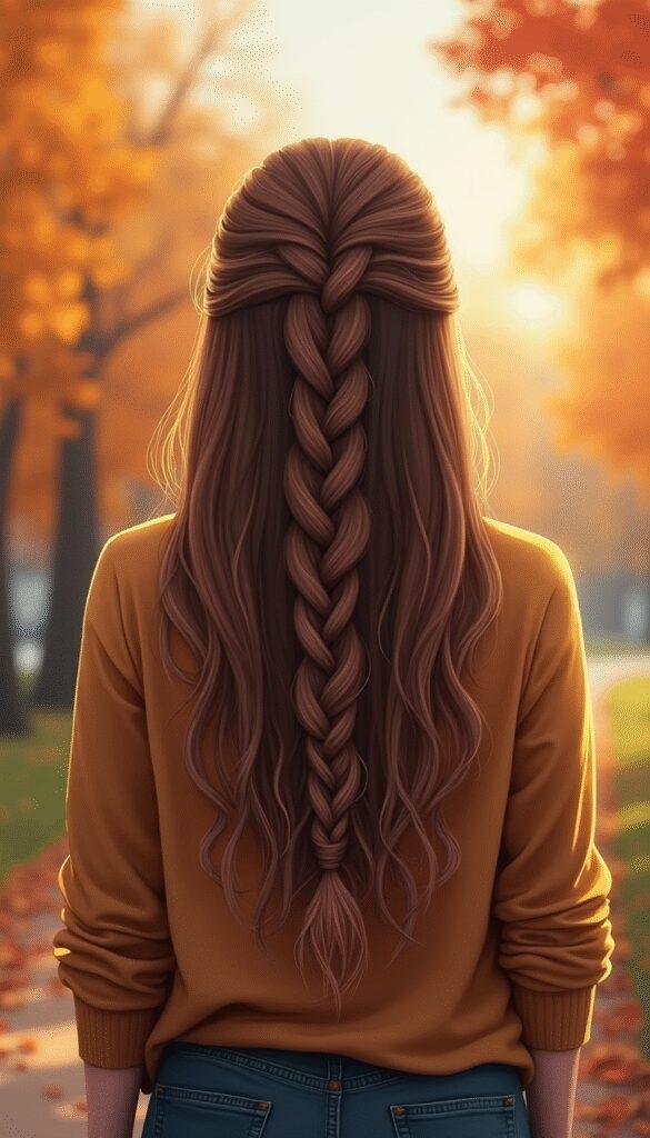 A close-up of a woman with long, wavy hair styled into a intricate fishtail braid, softly illuminated with warm fall tones, set against a cozy autumn background.