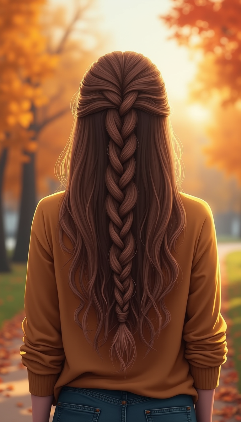 A close-up of a woman with long, wavy hair styled into a intricate fishtail braid, softly illuminated with warm fall tones, set against a cozy autumn background.
