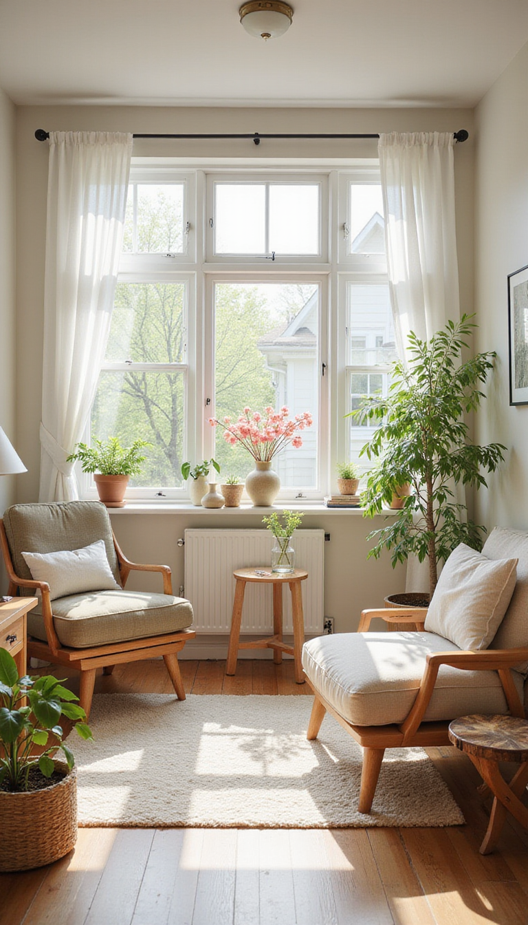 A bright and inviting living room with large windows letting in natural sunlight, showing freshly cleaned and organized space with fresh flowers on a table and cozy decor elements, capturing a clean and welcoming spring-ready home.