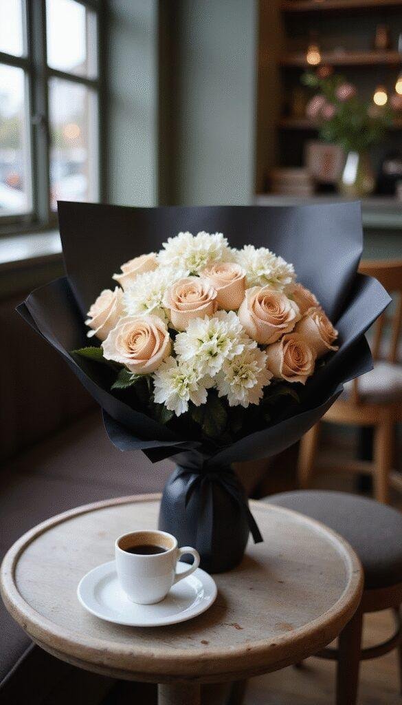 A chic medium-sized bouquet featuring champagne-colored roses and white hydrangeas, wrapped in black paper, resting on a small table in an upscale café setting with a cup of coffee nearby.