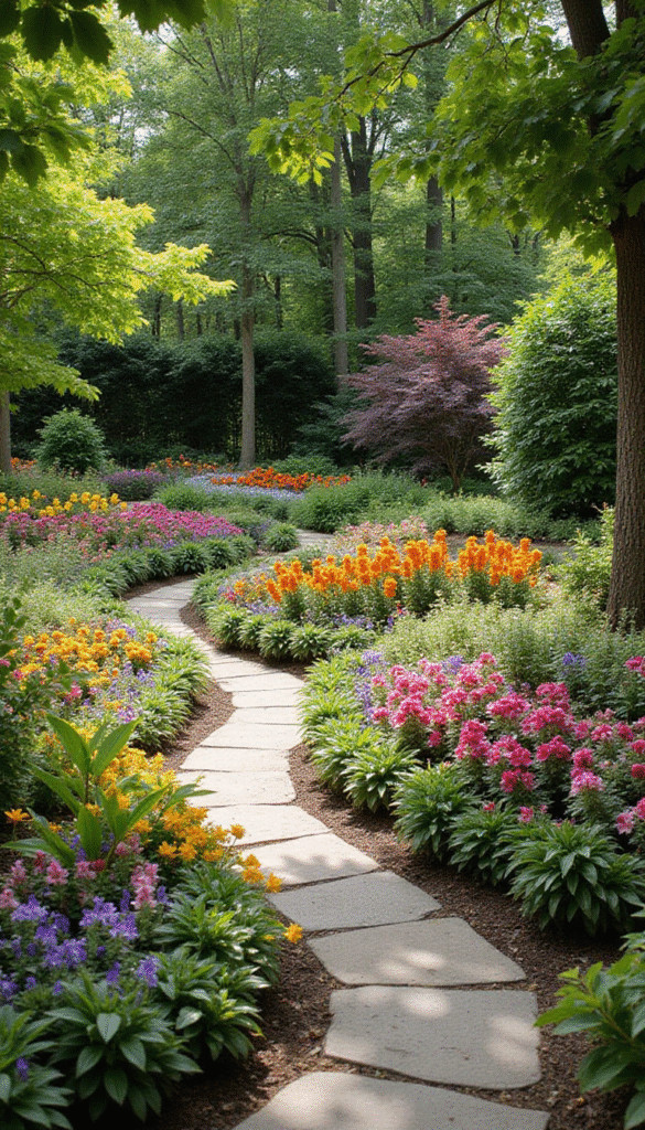 A vibrant flower garden featuring a variety of colorful blooms arranged in layered beds, with winding stone pathways and lush greenery, illuminated by soft sunlight, creating a peaceful and inviting outdoor space