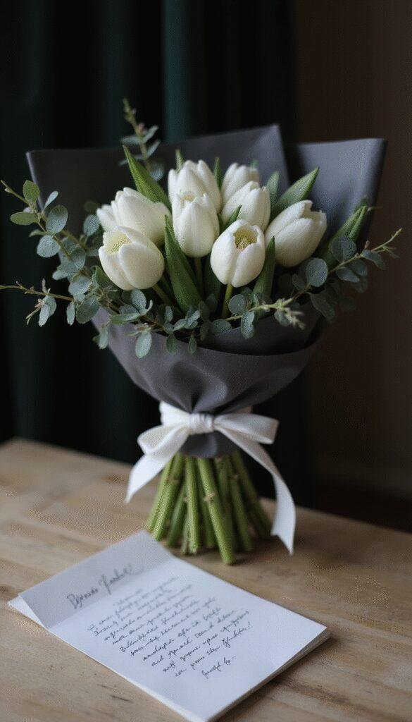 A minimalist bouquet featuring white tulips and eucalyptus branches, wrapped in dark grey paper and tied with a simple white ribbon, resting on a light wood table beside a handwritten note, with moody cinematic lighting highlighting the elegance and simplicity of the arrangement.
