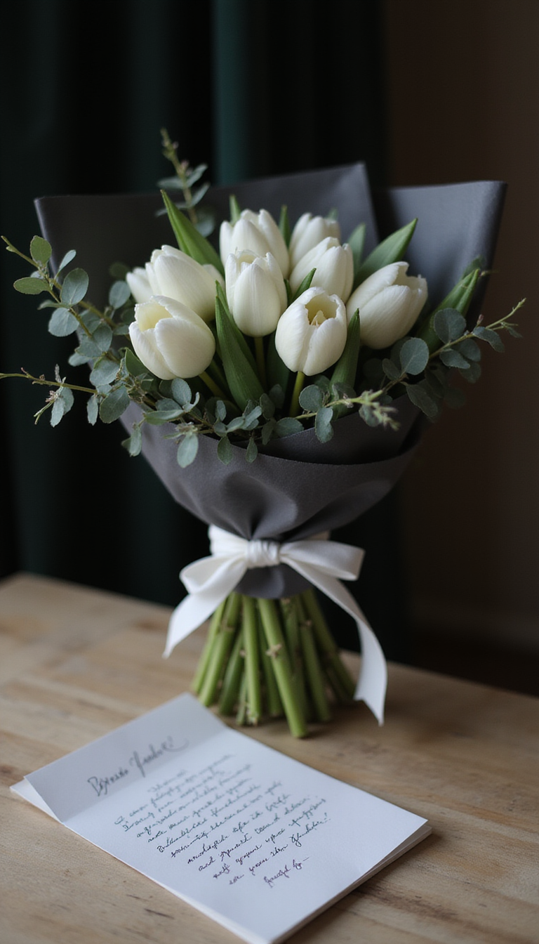 A minimalist bouquet featuring white tulips and eucalyptus branches, wrapped in dark grey paper and tied with a simple white ribbon, resting on a light wood table beside a handwritten note, with moody cinematic lighting highlighting the elegance and simplicity of the arrangement.