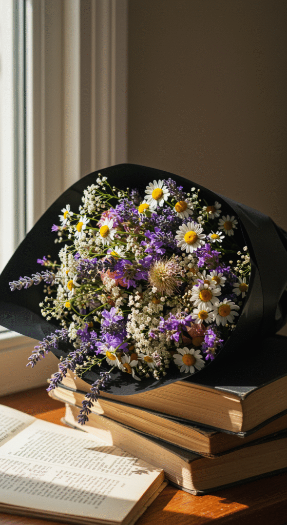 A whimsical bouquet of wildflowers, daisies, and lavender wrapped in black paper, resting on a stack of vintage, cloth-bound books, evoking a nostalgic literary atmosphere.