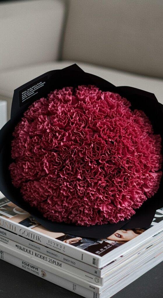 A dense, round bouquet of deep merlot-colored carnations with frilly petals, wrapped tightly in black paper, sitting on a stack of fashion magazines on a coffee table. Cinematic high-detail style.