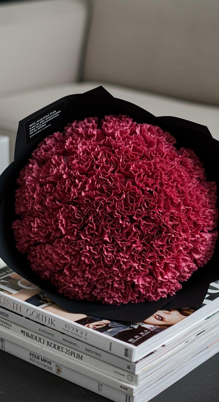 A dense, round bouquet of deep merlot-colored carnations with frilly petals, wrapped tightly in black paper, sitting on a stack of fashion magazines on a coffee table. Cinematic high-detail style.