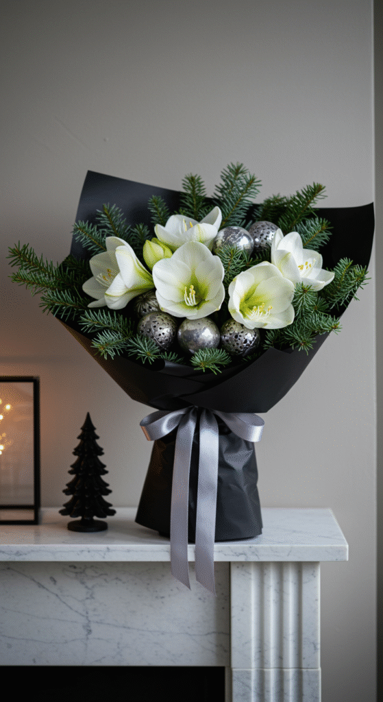 A sophisticated Christmas bouquet featuring white amaryllis, silver brunia balls, and lush pine foliage, elegantly wrapped in black paper with a silver ribbon. The bouquet rests on a minimalist mantlepiece decorated with simple holiday accents, creating a refined festive atmosphere.