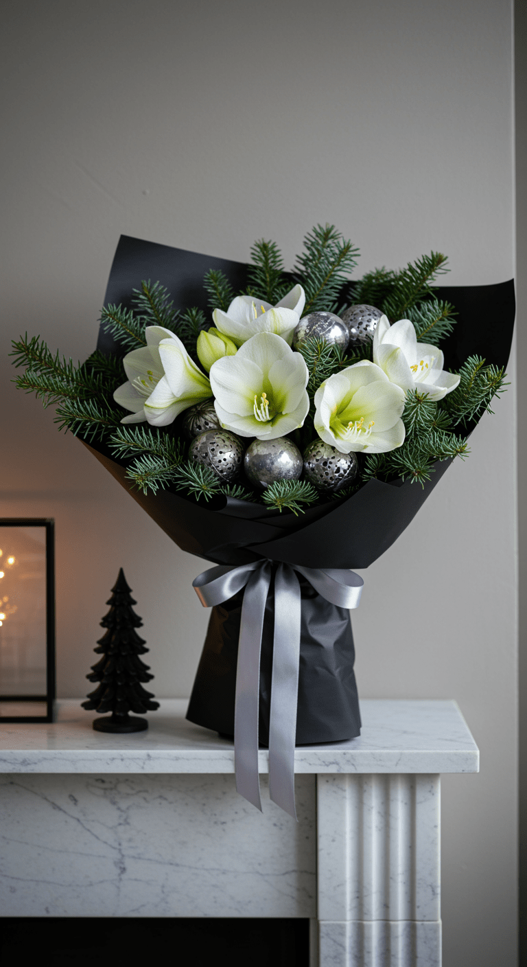 A sophisticated Christmas bouquet featuring white amaryllis, silver brunia balls, and lush pine foliage, elegantly wrapped in black paper with a silver ribbon. The bouquet rests on a minimalist mantlepiece decorated with simple holiday accents, creating a refined festive atmosphere.