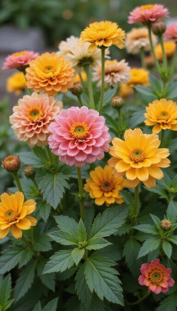 A close-up of vibrant, multicolored ranunculus flowers in full bloom, with layers of delicate petals in shades of pink, yellow, orange, and red, set against lush green leaves in a sunny garden setting.