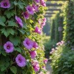 A close-up of vibrant pink and purple sweet pea flowers blooming on delicate, climbing green vines against a soft, blurred garden background, highlighting their intricate petal details and lush foliage