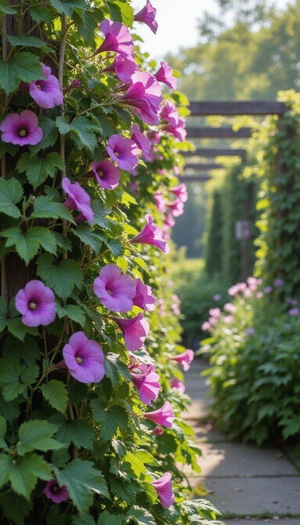 A close-up of vibrant pink and purple sweet pea flowers blooming on delicate, climbing green vines against a soft, blurred garden background, highlighting their intricate petal details and lush foliage
