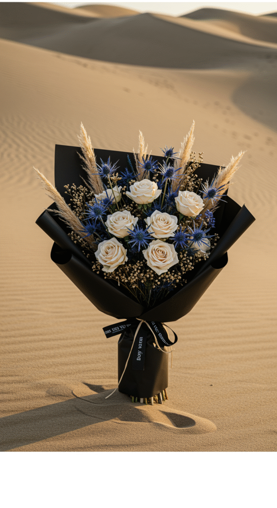 A vibrant bouquet featuring cream-colored roses, dried grasses, and spiky eryngium flowers, wrapped in elegant black paper, set against a backdrop of soft, sandy dunes bathed in golden hour light. The bouquet’s warm desert tones complement the natural landscape behind it, creating a striking visual harmony.