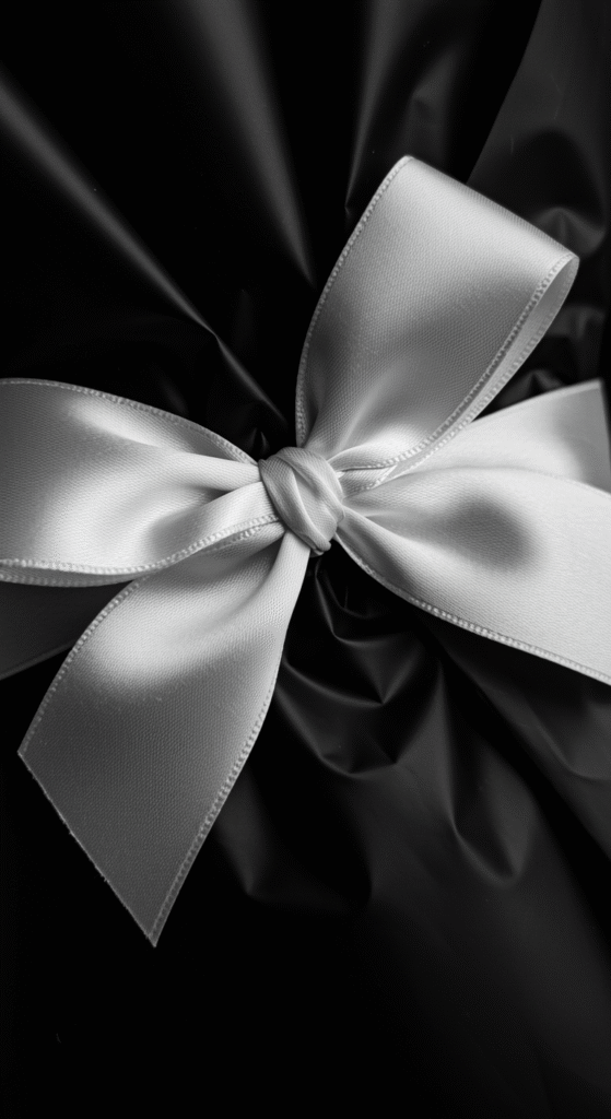 An extreme close-up of a beautifully tied white satin ribbon forming a bow atop a bouquet wrapped in black paper. The satin texture is smooth and shiny, with the bow's loops and tails clearly defined. The black wrapping paper shows a sharp fold, creating a dramatic contrast with the ribbon. The shallow depth of field blurs the background, emphasizing the detailed texture of the satin and the crispness of the folding paper.