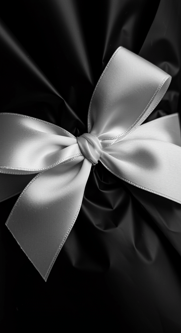 An extreme close-up of a beautifully tied white satin ribbon forming a bow atop a bouquet wrapped in black paper. The satin texture is smooth and shiny, with the bow's loops and tails clearly defined. The black wrapping paper shows a sharp fold, creating a dramatic contrast with the ribbon. The shallow depth of field blurs the background, emphasizing the detailed texture of the satin and the crispness of the folding paper.