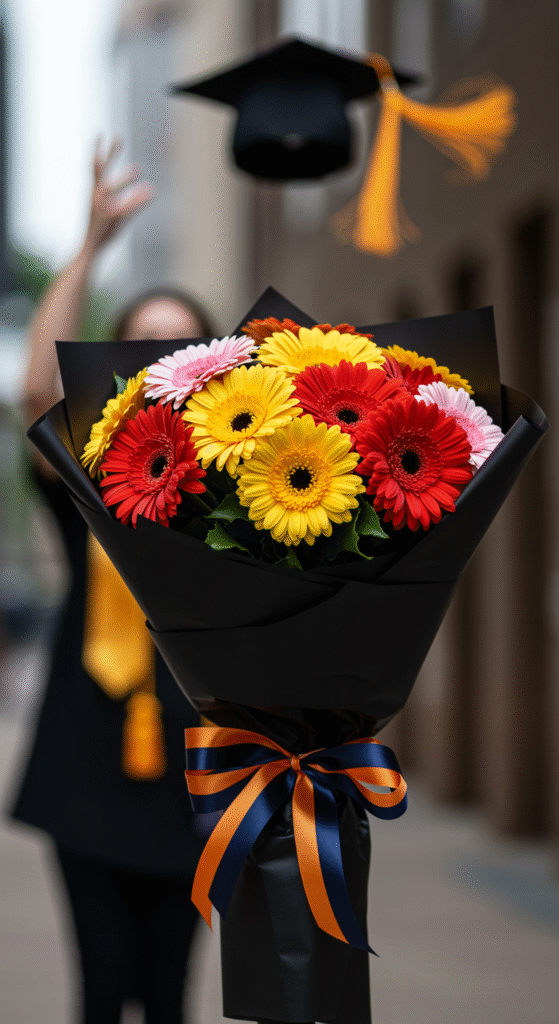 A vibrant bouquet of mixed, colorful gerberas wrapped in black paper and tied with a ribbon in school colors, with a graduation cap tossed in the air in the blurred background.