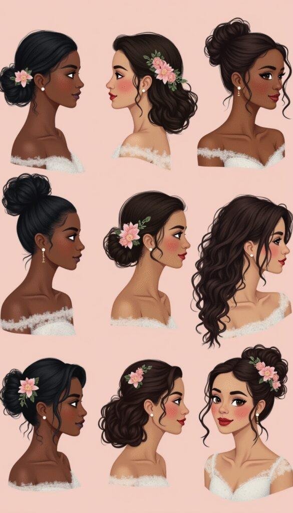 A close-up of four bridesmaid with diverse curly hairstyles, including elegant updos, loose waves, and braided styles, adorned with delicate floral hair accessories against a soft pastel background.