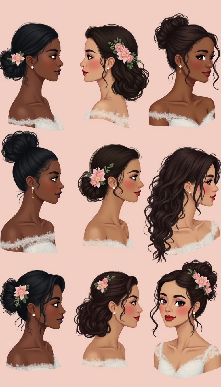 A close-up of four bridesmaid with diverse curly hairstyles, including elegant updos, loose waves, and braided styles, adorned with delicate floral hair accessories against a soft pastel background.