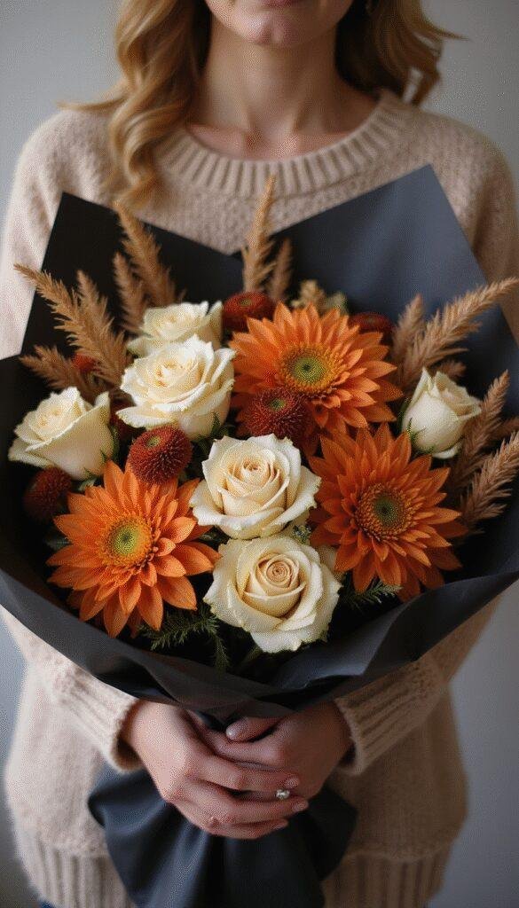 A warm-toned bouquet featuring burnt orange dahlias, cream roses, and dried pampas grass, wrapped in matte black paper, held by a person wearing a cozy knit sweater against a soft, autumnal background.