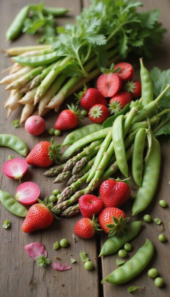 A vibrant display of freshly harvested spring fruits and vegetables arranged on a rustic wooden table. Bright strawberries, asparagus, peas, and radishes are beautifully presented in wicker baskets, surrounded by lush green leaves and blooming flowers. The scene is brightly lit with natural sunlight, emphasizing the freshness and vivid colors of the produce.