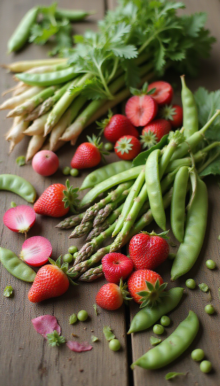 A vibrant display of freshly harvested spring fruits and vegetables arranged on a rustic wooden table. Bright strawberries, asparagus, peas, and radishes are beautifully presented in wicker baskets, surrounded by lush green leaves and blooming flowers. The scene is brightly lit with natural sunlight, emphasizing the freshness and vivid colors of the produce.