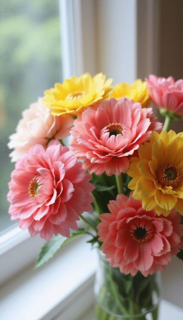A close-up of vibrant artificial paper and silk flowers arranged artistically in a bouquet, showcasing detailed petals with a soft focus background in pastel shades and natural lighting that highlights their textures and colors