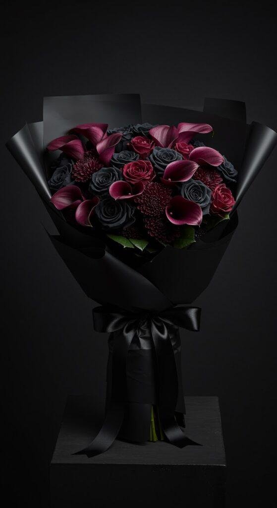 A striking bouquet featuring black Baccara roses and deep burgundy calla lilies, wrapped in matte black paper and tied with a black satin ribbon, set against a dark, moody background