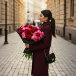 A romantic bouquet featuring deep red and pink ranunculus flowers wrapped in black paper, held by a stylishly dressed person standing on a charming city street corner.
