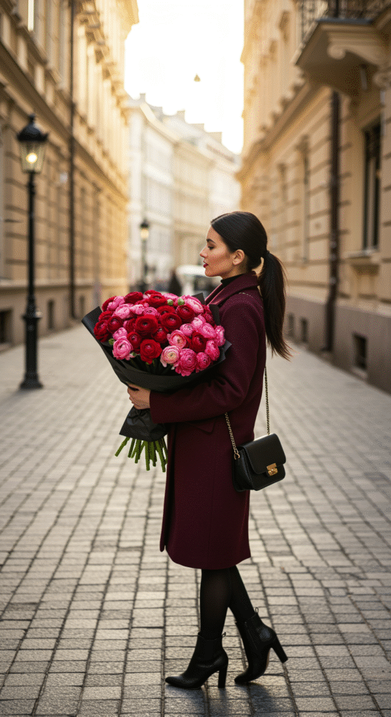 A romantic bouquet featuring deep red and pink ranunculus flowers wrapped in black paper, held by a stylishly dressed person standing on a charming city street corner.