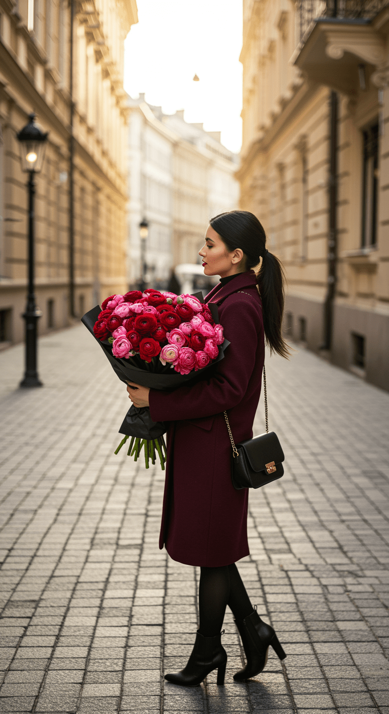 A romantic bouquet featuring deep red and pink ranunculus flowers wrapped in black paper, held by a stylishly dressed person standing on a charming city street corner.