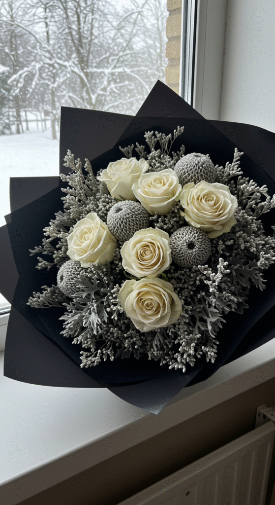 A frosty-looking bouquet featuring white roses, dusty miller foliage, and silver brunia balls, wrapped in black paper. The bouquet rests on a snowy windowsill, showcasing a cozy indoor-outdoor contrast with snow outside and warm indoor lighting.