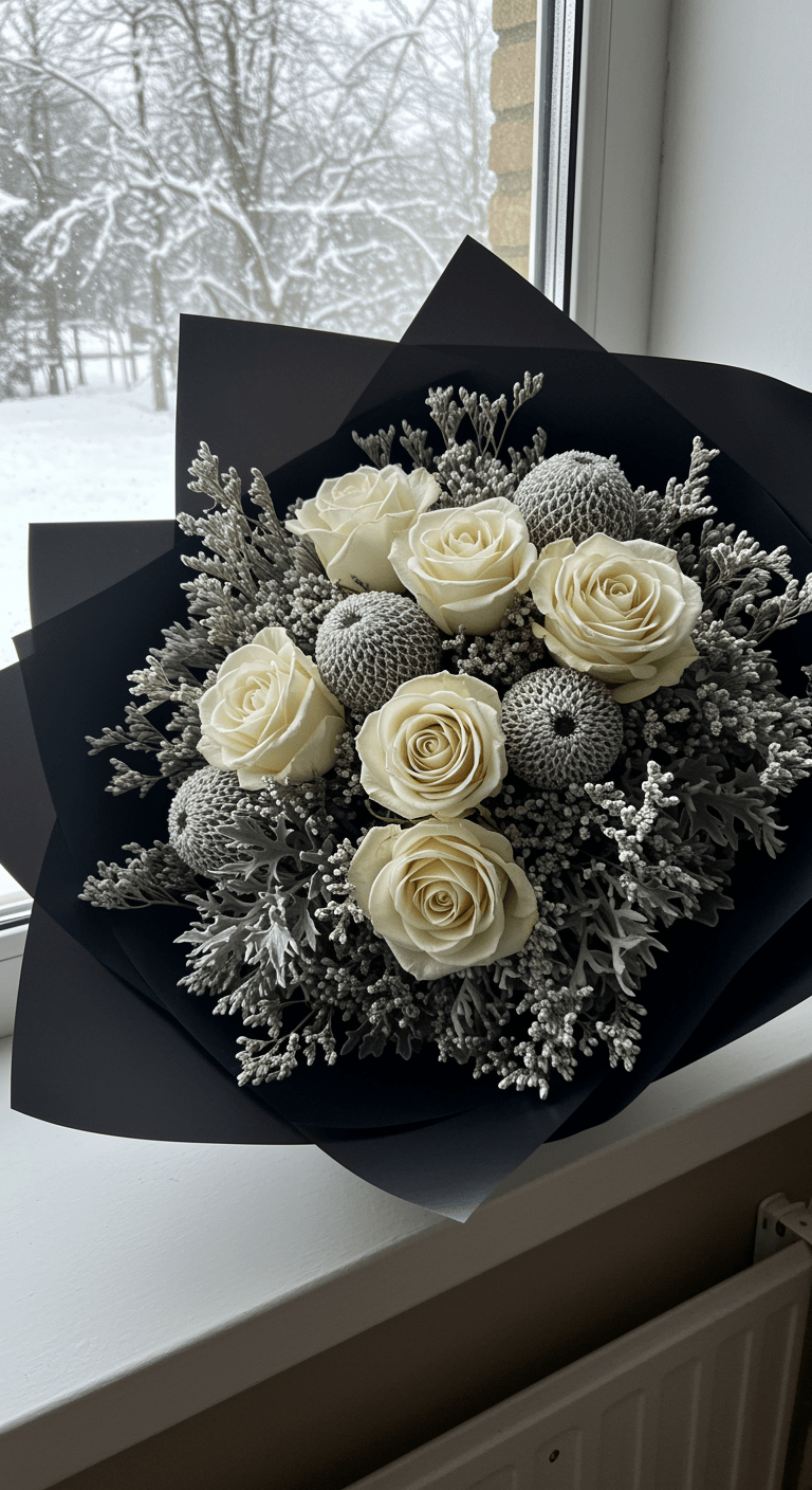 A frosty-looking bouquet featuring white roses, dusty miller foliage, and silver brunia balls, wrapped in black paper. The bouquet rests on a snowy windowsill, showcasing a cozy indoor-outdoor contrast with snow outside and warm indoor lighting.