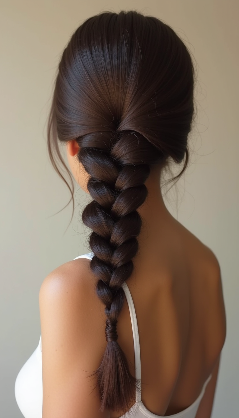 A woman with medium-length, shiny chestnut hair showcasing a neatly crafted braided hairstyle, standing against a neutral background. The braid is tightly woven, highlighting the intricate patterns and smooth texture, with soft natural lighting emphasizing the glossy hair finish.