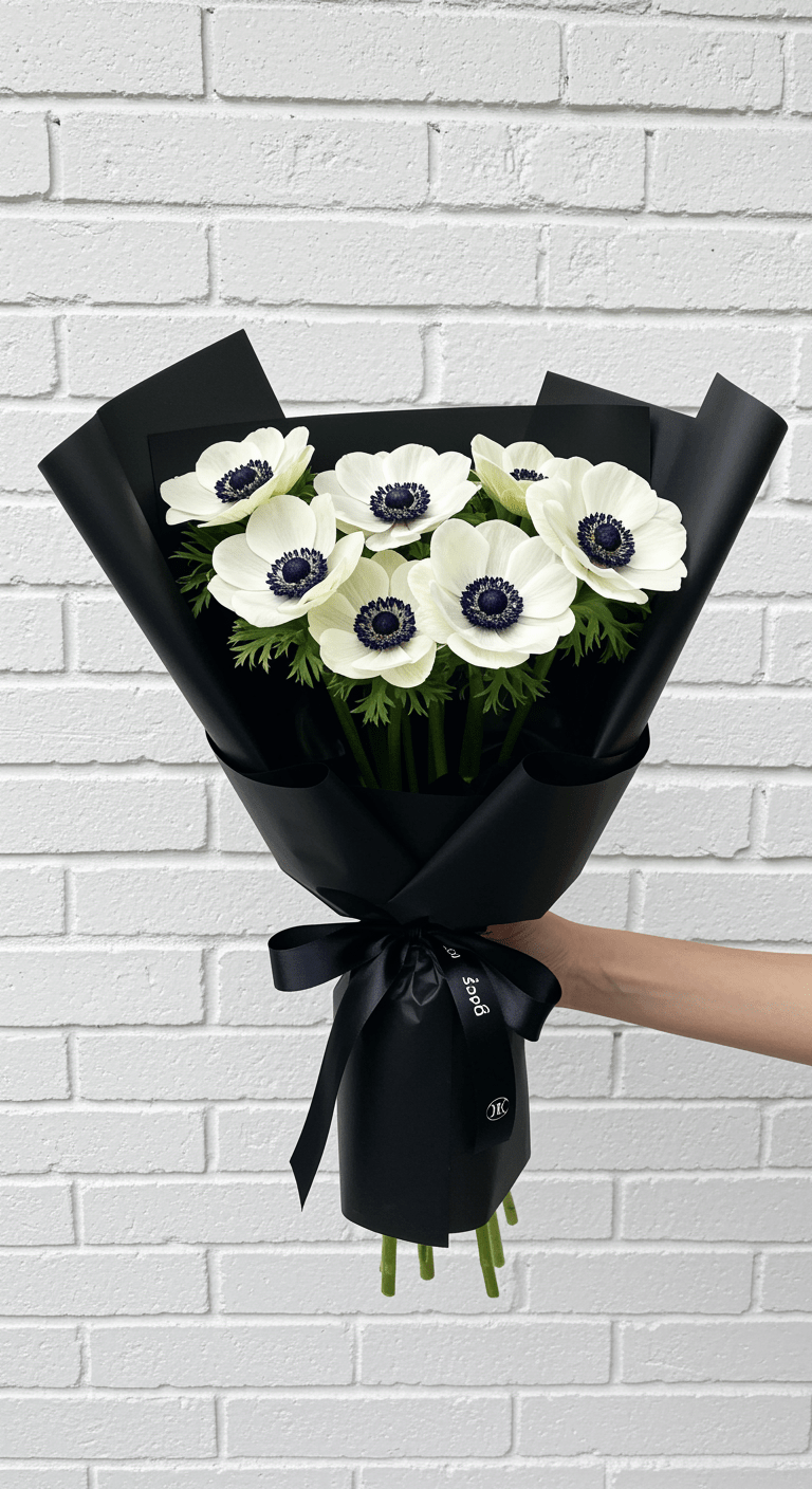 A close-up of a bouquet of white anemones with prominent black centers, wrapped in black paper and tied with a thin black ribbon, held against a white brick wall background, highlighting the striking contrast between the flowers and the backdrop.