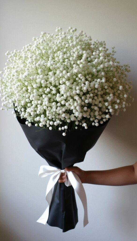 An oversized, cloud-like bouquet composed entirely of baby's breath flowers, wrapped in matte black paper and tied with an elegant white satin ribbon, held against a minimalist, neutral-colored wall.