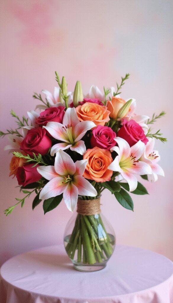 A vibrant prom bouquet featuring a mix of red roses, white lilies, and greenery, arranged elegantly in a modern glass vase with a soft pastel background.